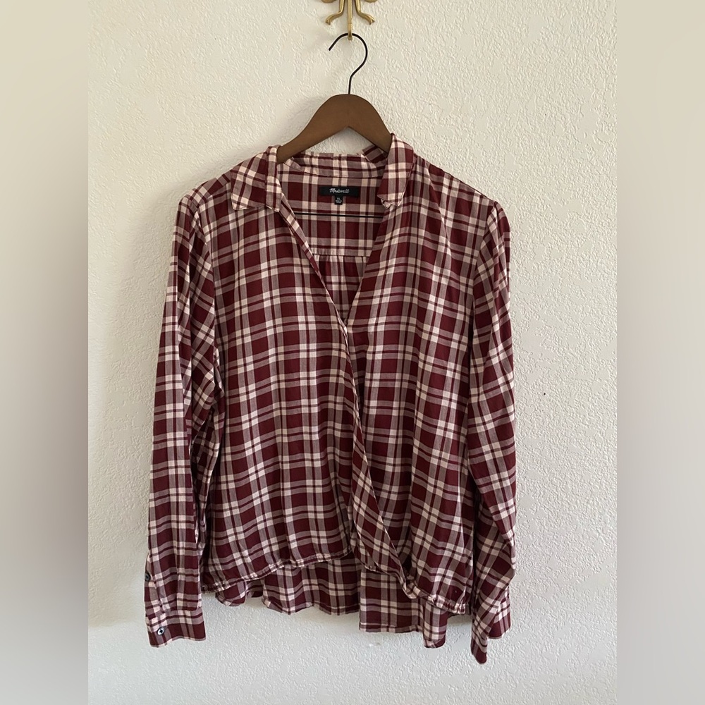 Madewell Arion Wrap Front Shirt Womens Size XL Maroon Crème Plaid Check Blouse